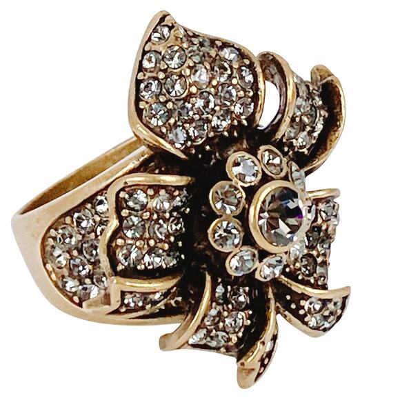 Signed Heidi Daus Gold Tone Floral Flower Rhinestone Cocktail Ring 6.75 Vintage - Picture 1 of 16